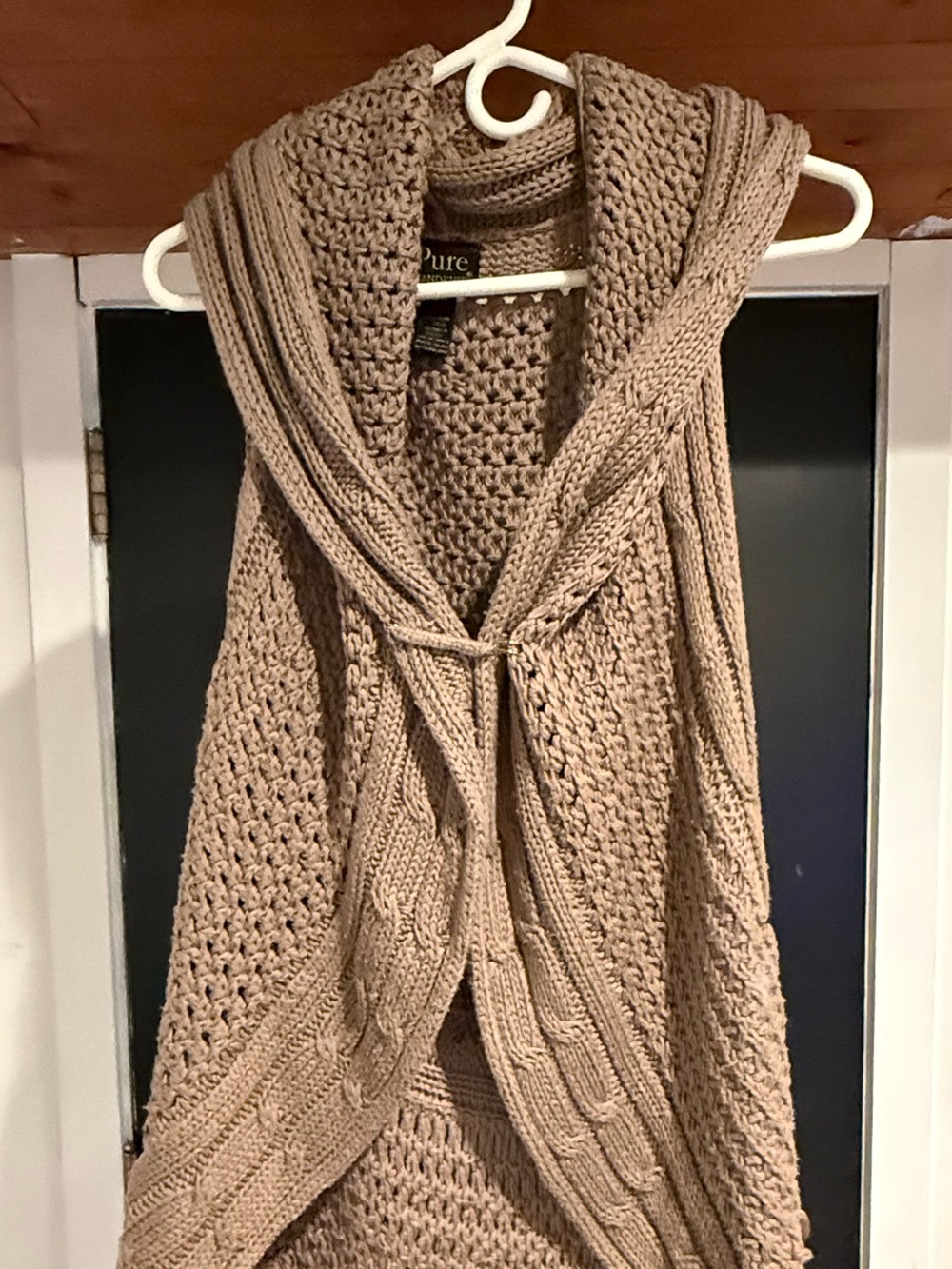 Pur Taupe Cable-Knit Hooded Cardigan Vest